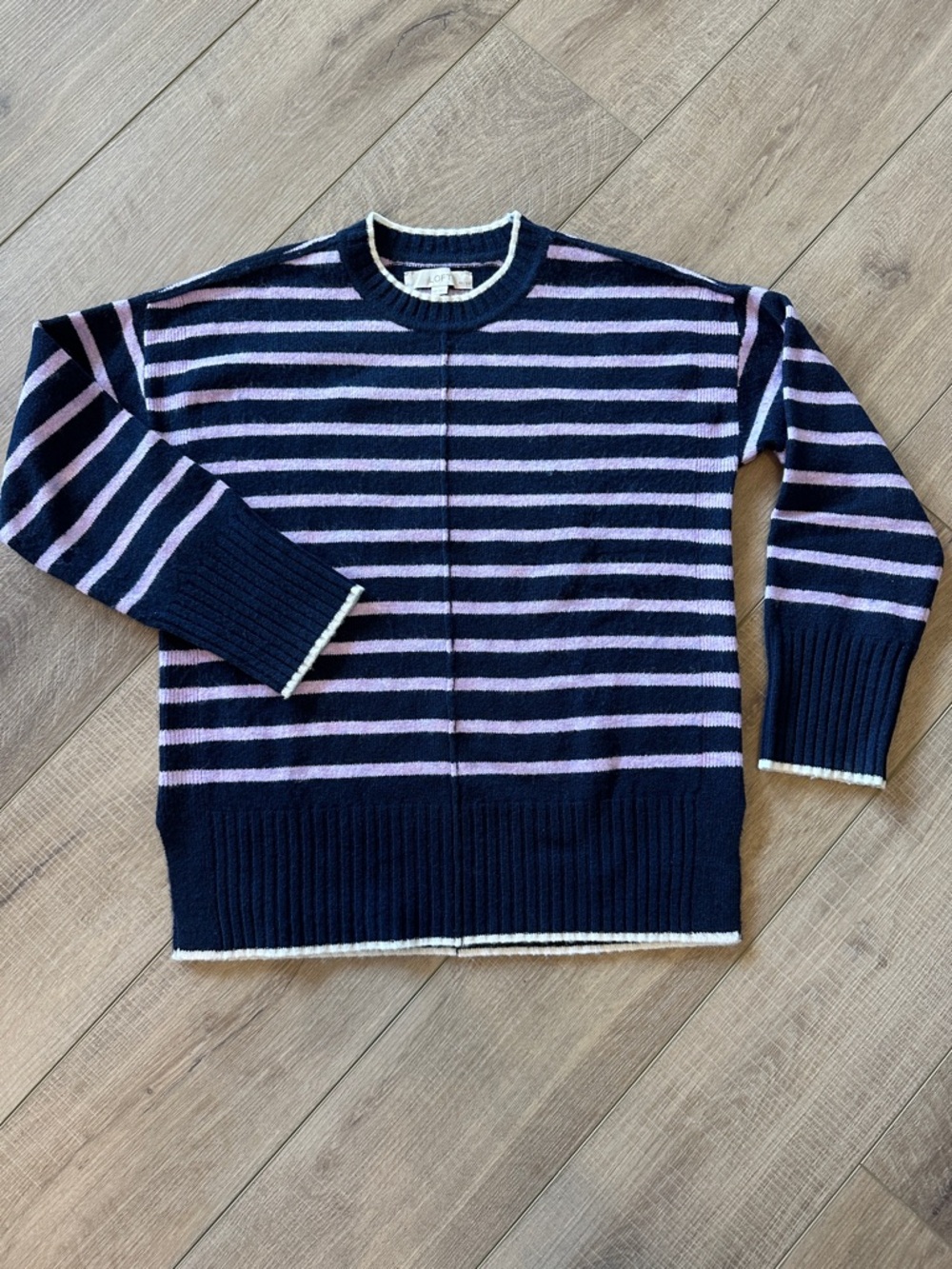 Loft Navy and Lavendar Striped Crewneck Sweater